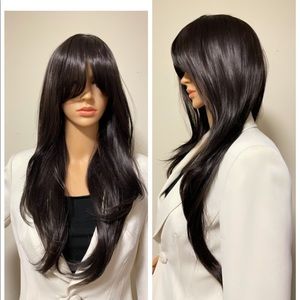 black brown wig almost black but brown wig long bangs new wig 26 inch NWT
